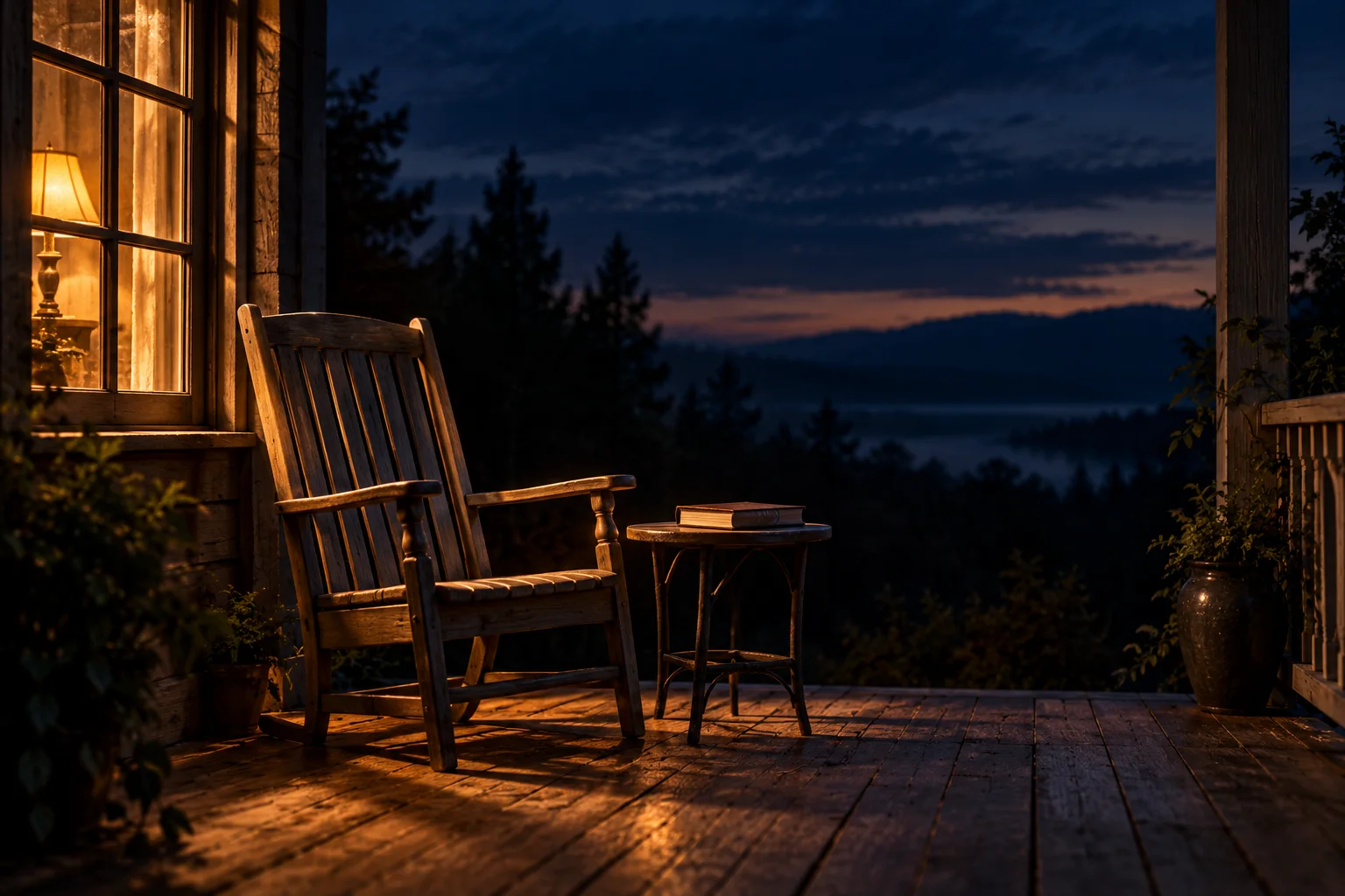 An empty wooden chair and a closed book on a warmly lit porch at dusk.